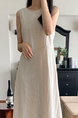 Korean Chic Retro Round Neck Open Line Backless Design Loose Long Vest Cotton and Linen Dress for Women - Color: Beige