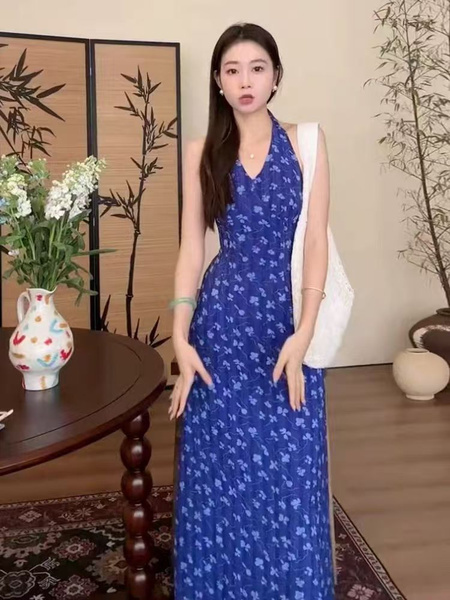 Small Temperament Halter Neck Sleeveless Floral Suspender Dress Women's Summer 2025 New French Backless Long Dress - Color: Blue