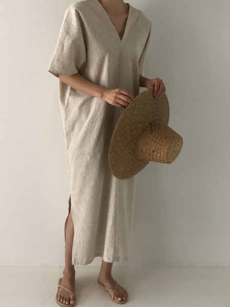 Korean Ins Minimalist Retro Long Loose Lazy Style V-Neck Long Short-Sleeved Dress for Women - Color: Beige