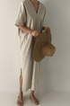 Korean Ins Minimalist Retro Long Loose Lazy Style V-Neck Long Short-Sleeved Dress for Women - Color: Beige