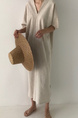 Korean Ins Minimalist Retro Long Loose Lazy Style V-Neck Long Short-Sleeved Dress for Women - Color: Beige