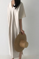 Korean Ins Minimalist Retro Long Loose Lazy Style V-Neck Long Short-Sleeved Dress for Women - Color: Beige