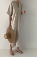 Korean Ins Minimalist Retro Long Loose Lazy Style V-Neck Long Short-Sleeved Dress for Women - Color: Beige