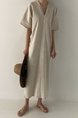 Korean Ins Minimalist Retro Long Loose Lazy Style V-Neck Long Short-Sleeved Dress for Women - Color: Beige