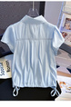 Real Shot 2025 Summer New Women's Clothing Korean Lapel Short Sleeve Shirt Design Sense Drawstring Shirt - Light Blue