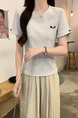 Real Shot Cotton Thread Short-Sleeved T-shirt Women's Summer 2025 New Fastener Decoration Short Slim Round Neck Korean Style Top - Light Gray