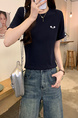 Real Shot Cotton Thread Short-Sleeved T-shirt Women's Summer 2025 New Fastener Decoration Short Slim Round Neck Korean Style Top - Navy Blue