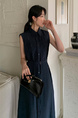 Korean Chic Simple Temperament Belted Shirt Collar Sleeveless Dress Long Skirt for Women with Pockets on Both Sides - Navy Blue