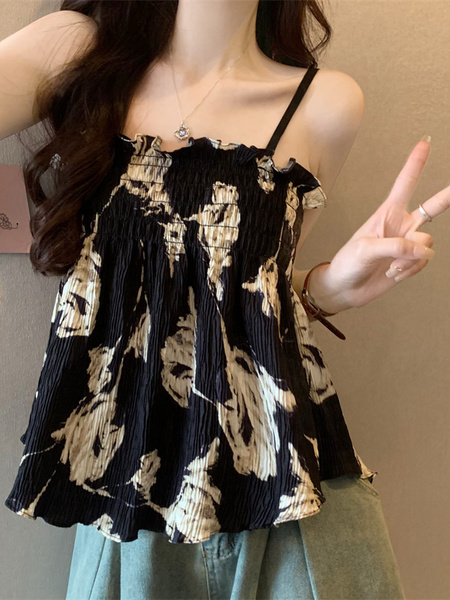 Real Shot Wholesale Price 2025 Summer New British Retro Printed Pleated Elastic Design Camisole Top in Black with Cream Floral Print