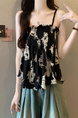 Real Shot Wholesale Price 2025 Summer New British Retro Printed Pleated Elastic Design Camisole Top in Black with Cream Floral Print