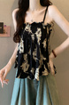 Real Shot Wholesale Price 2025 Summer New British Retro Printed Pleated Elastic Design Camisole Top in Black with Cream Floral Print