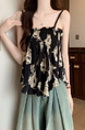 Real Shot Wholesale Price 2025 Summer New British Retro Printed Pleated Elastic Design Camisole Top in Black with Cream Floral Print
