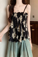 Real Shot Wholesale Price 2025 Summer New British Retro Printed Pleated Elastic Design Camisole Top in Black with Cream Floral Print