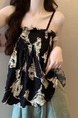 Real Shot Wholesale Price 2025 Summer New British Retro Printed Pleated Elastic Design Camisole Top in Black with Cream Floral Print