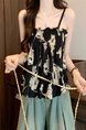 Real Shot Wholesale Price 2025 Summer New British Retro Printed Pleated Elastic Design Camisole Top in Black with Cream Floral Print