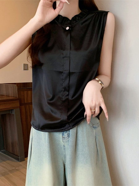 Real Shot Wholesale Price 2025 Summer New Style Temperament Wood Ear Edge Stand Collar French Ruffle Collar Sleeveless Shirt Vest in Black