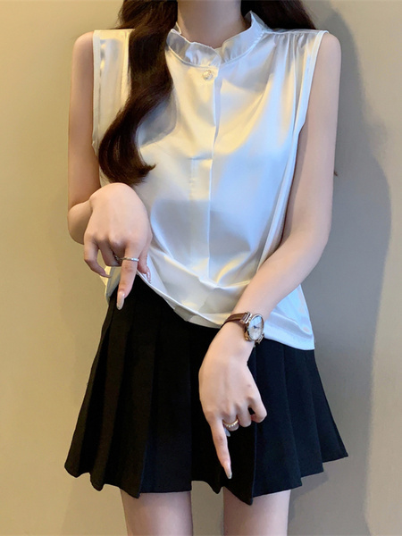 Real Shot Wholesale Price 2025 Summer New Style Temperament Wood Ear Edge Stand Collar French Ruffle Collar Sleeveless Shirt Vest in Ivory White