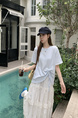 Real Shot of the New 2025 Summer Korean Version of the Navy Collar Loose Cartoon Print Versatile Short-Sleeved T-Shirt for Women in Light Blue