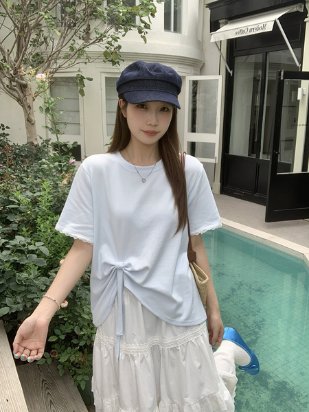 Real Shot of the New 2025 Summer Korean Version of the Navy Collar Loose Cartoon Print Versatile Short-Sleeved T-Shirt for Women in Light Blue