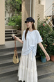 Real Shot of the New 2025 Summer Korean Version of the Navy Collar Loose Cartoon Print Versatile Short-Sleeved T-Shirt for Women in Light Blue