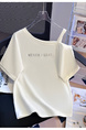Real Shot 2025 Summer New Sloping-Shoulder Off-the-Shoulder Letter Print Short-Sleeve T-shirt Women's Casual Baggy Fashion Top in White