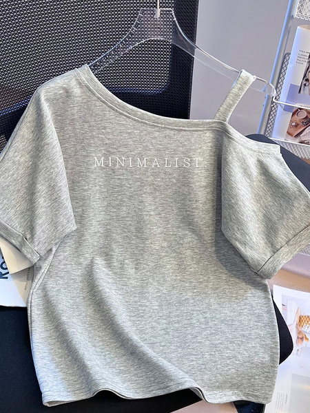Real Shot 2025 Summer New Sloping-Shoulder Off-the-Shoulder Letter Print Short-Sleeve T-shirt Women's Casual Baggy Fashion Top in Gray