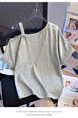 Real Shot 2025 Summer New Sloping-Shoulder Off-the-Shoulder Letter Print Short-Sleeve T-shirt Women's Casual Baggy Fashion Top in Gray
