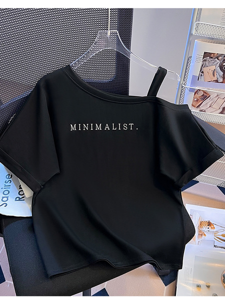 Real Shot 2025 Summer New Sloping-Shoulder Off-the-Shoulder Letter Print Short-Sleeve T-shirt Women's Casual Baggy Fashion Top in Black