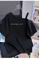 Real Shot 2025 Summer New Sloping-Shoulder Off-the-Shoulder Letter Print Short-Sleeve T-shirt Women's Casual Baggy Fashion Top in Black