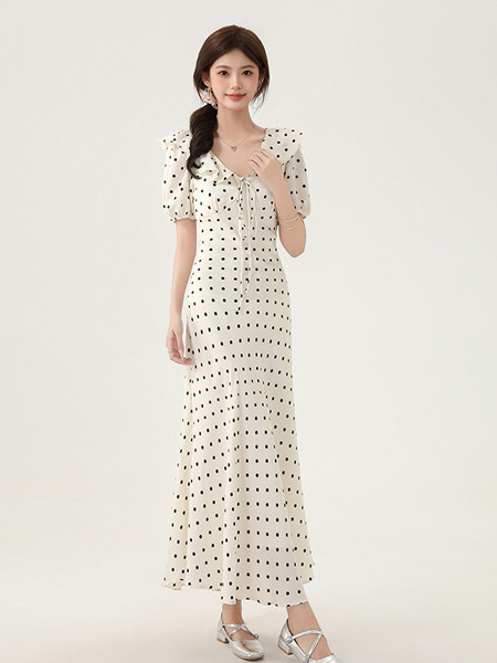 Real Shot Spot 2025 Summer New White Polka Dot Jacquard Dress Ruffled Lace-Up Slim Long Skirt in Cream