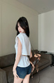 Real Shot Cost-Effective Design Sense Decorative Open-Line Back Hollow-out Cinched Slimming Versatile Short Sleeve T-shirt Top Women in White