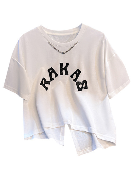 Siloy Real Shot 2025 Summer New ICE Cotton Fashion Hot Girl Alphabet Embroidery Irregular All-Match T-shirt in White