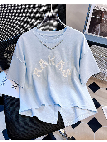 Siloy Real Shot 2025 Summer New ICE Cotton Fashion Hot Girl Alphabet Embroidery Irregular All-Match T-shirt in Light Blue
