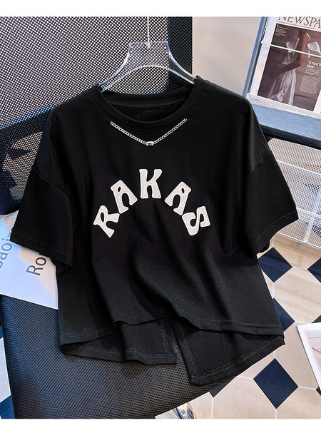 Siloy Real Shot 2025 Summer New ICE Cotton Fashion Hot Girl Alphabet Embroidery Irregular All-Match T-shirt in Black