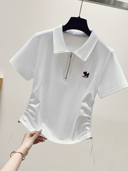 Siloy Real Shot 2025 Summer New Polo Collar Zipper Short Sleeve T-shirt Simple Versatile Bottoming Top in White