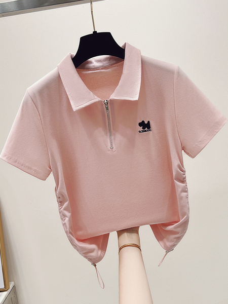 Siloy Real Shot 2025 Summer New Polo Collar Zipper Short Sleeve T-shirt Simple Versatile Bottoming Top in Pink