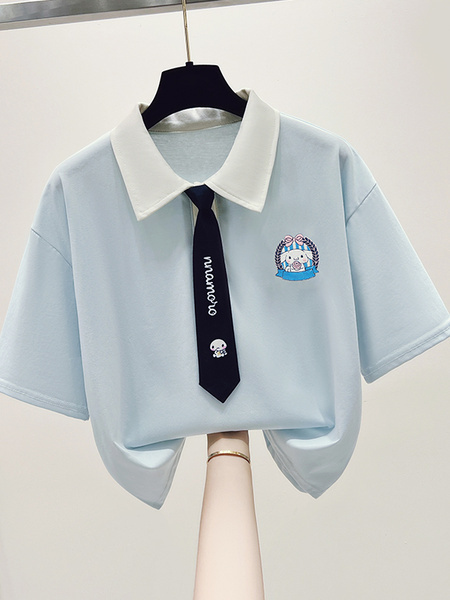 Siloy Real Shot 2025 University Style Color Matching Polo Collar Short Sleeve Tie Simple T-shirt Slimming Pullover Top in Light Blue