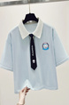Siloy Real Shot 2025 University Style Color Matching Polo Collar Short Sleeve Tie Simple T-shirt Slimming Pullover Top in Light Blue