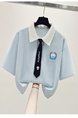 Siloy Real Shot 2025 University Style Color Matching Polo Collar Short Sleeve Tie Simple T-shirt Slimming Pullover Top in Light Blue