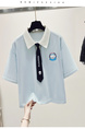 Siloy Real Shot 2025 University Style Color Matching Polo Collar Short Sleeve Tie Simple T-shirt Slimming Pullover Top in Light Blue