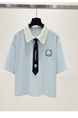 Siloy Real Shot 2025 University Style Color Matching Polo Collar Short Sleeve Tie Simple T-shirt Slimming Pullover Top in Light Blue