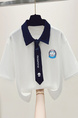 Siloy Real Shot 2025 University Style Color Matching Polo Collar Short Sleeve Tie Simple T-shirt Slimming Pullover Top in White and Navy Blue