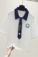 Siloy Real Shot 2025 University Style Color Matching Polo Collar Short Sleeve Tie Simple T-shirt Slimming Pullover Top in White and Navy Blue