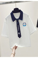 Siloy Real Shot 2025 University Style Color Matching Polo Collar Short Sleeve Tie Simple T-shirt Slimming Pullover Top in White and Navy Blue