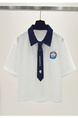 Siloy Real Shot 2025 University Style Color Matching Polo Collar Short Sleeve Tie Simple T-shirt Slimming Pullover Top in White and Navy Blue