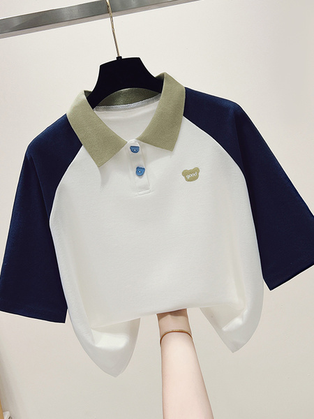 Real Shot Embroidered Polo Collar Short Sleeve T-shirt Women's 2025 New American College Style Color Contrast Patchwork Raglan Sleeve Top in White, Navy Blue, and Olive Green