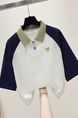 Real Shot Embroidered Polo Collar Short Sleeve T-shirt Women's 2025 New American College Style Color Contrast Patchwork Raglan Sleeve Top in White, Navy Blue, and Olive Green
