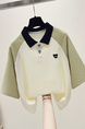 Real Shot Embroidered Polo Collar Short Sleeve T-shirt Women's 2025 New American College Style Color Contrast Patchwork Raglan Sleeve Top in Cream, Olive Green, and Navy Blue
