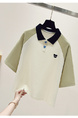 Real Shot Embroidered Polo Collar Short Sleeve T-shirt Women's 2025 New American College Style Color Contrast Patchwork Raglan Sleeve Top in Cream, Olive Green, and Navy Blue
