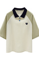 Real Shot Embroidered Polo Collar Short Sleeve T-shirt Women's 2025 New American College Style Color Contrast Patchwork Raglan Sleeve Top in Cream, Olive Green, and Navy Blue